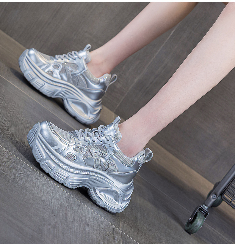 Giày sneaker dad đế dày nữ lưới thoáng khí tăng chiều cao đính đá — M2833 màu be, M2833 màu bạc chi tiết 15