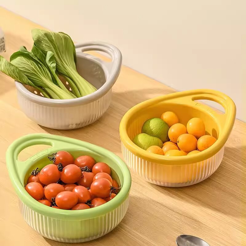 二層ハンドル排水バスケットキッチン家庭用クリエイティブポータブル果物と野菜の排水バスケット果物と野菜の洗濯ボウル|undefined