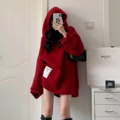 Christmas Sweater 2022 Autumn and winter new pattern Korean Edition Easy Retro gules Hooded knitting jacket coat Exorcism