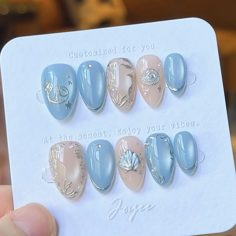 Gray-Blue Glass Bead Cat-Eye Gold-Plated Fashionable Wearable Nails Ultra-Short Almond-Shaped Cross-Border European and American Hot-Selling Nail Stickers