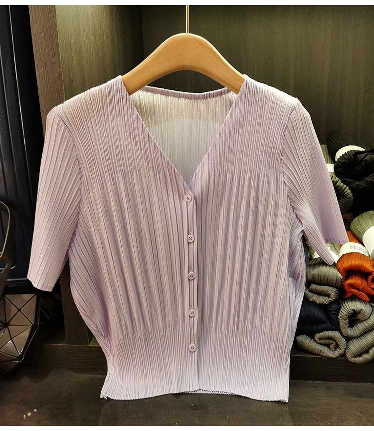 Áo cardigan cổ chữ V tay ngắn nữ phối nút đơn chất liệu mỏng mùa xuân hè — Màu xanh lục nhạt, Màu đen, Màu tím nhạt, Màu hồng chi tiết 12