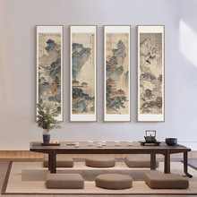 新中式装饰画竖长条大幅三四联屏字画茶室茶楼玄关书房名客厅挂画