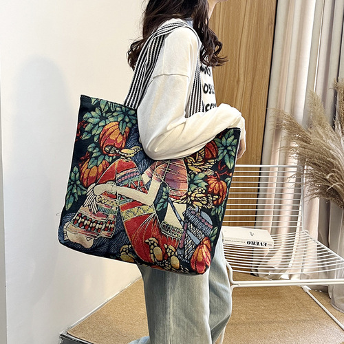 New Autumn and Winter Bags Women's Bags Embroidered Retro Fashion Large Capacity Canvas Bags Shopping and Work Women's Shoulder Bags