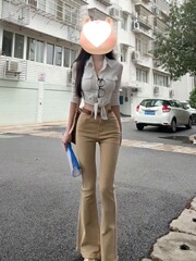 美式复古微喇牛仔裤女春季新款高腰修身显瘦卡其色百搭阔腿拖地裤