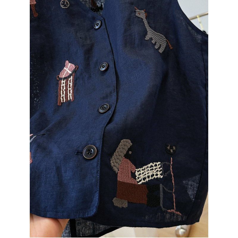 高級綿麻重工刺繍韓系vネックベストの外に袖なしの肩の上着を着ています。|undefined