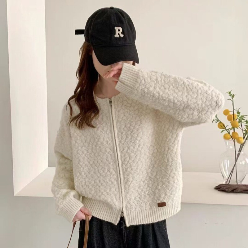 Double Zipper Soft and Thick Round Neck Sweater Coat for Women, New Style with a High-End Feel, Loose and Lazy Style Knit Cardigan Top