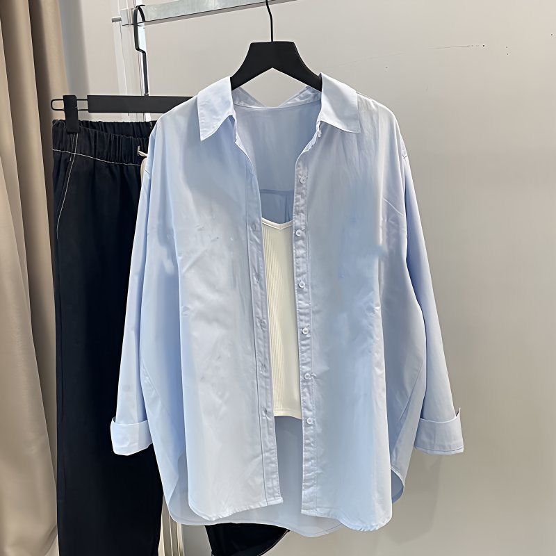 French Blue Sunscreen Cotton Shirt Stacked Shirt Women's Spring and Autumn Mid-length Loose Outer Wear Top Cardigan Jacket