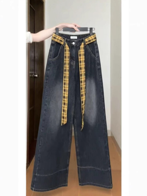 美式复古灰色格子拼接阔腿牛仔裤春夏季设计感高腰宽松直筒拖地|undefined