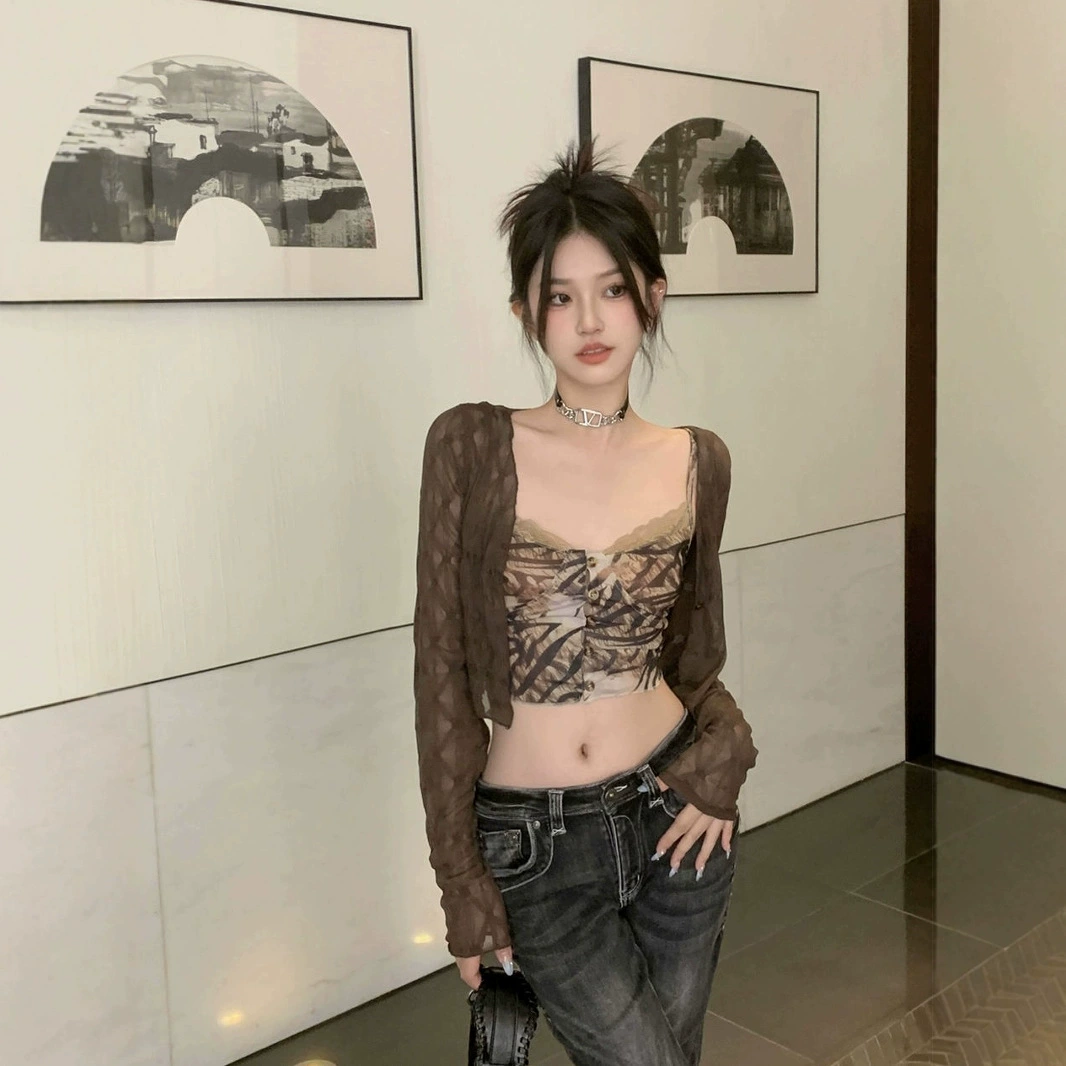 Французский коричневый кружевной шифоновый пиджак женский летний платок тонкий маленький короткий универсальный солнцезащитный кардиган топ