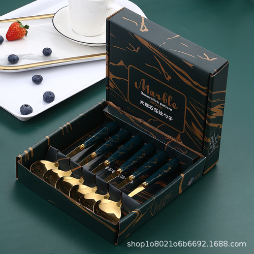 Manufacturer wholesale Internet celebrity creative stainless steel spoon household dessert spoon soup rice spoon marble pattern gift box set