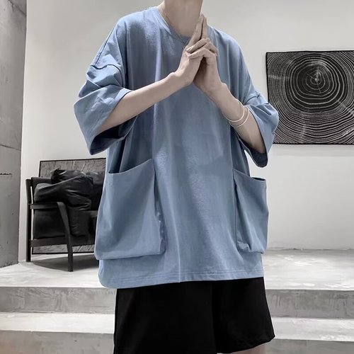 Japanese loose large pocket summer men's round neck short sleeve T-shirt Korean style student fashion versatile five-and-a-half sleeve