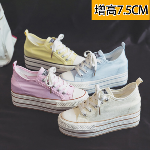 2025 Fashion Inner Heel Lift 7.5CM Slimming Elegant Casual White Canvas Shoes for Women College Style Ins Trend