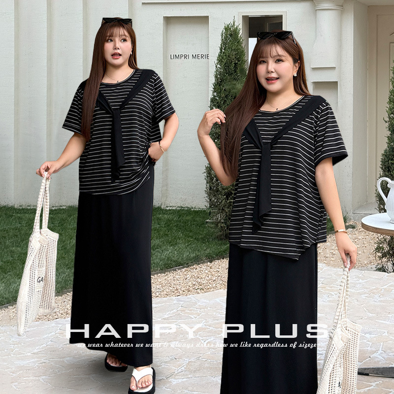 Runqi Plus Size Women's Long-Term Casual Outfit 9570 Striped Color-Woven Fake Two-Piece Irregular Loose T-Shirt Set