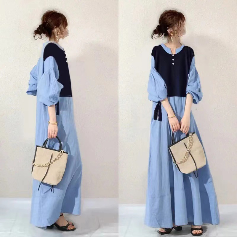 外贸女装2025春秋新品欧美风宽松大码假两件拼接撞色连衣裙DRESS