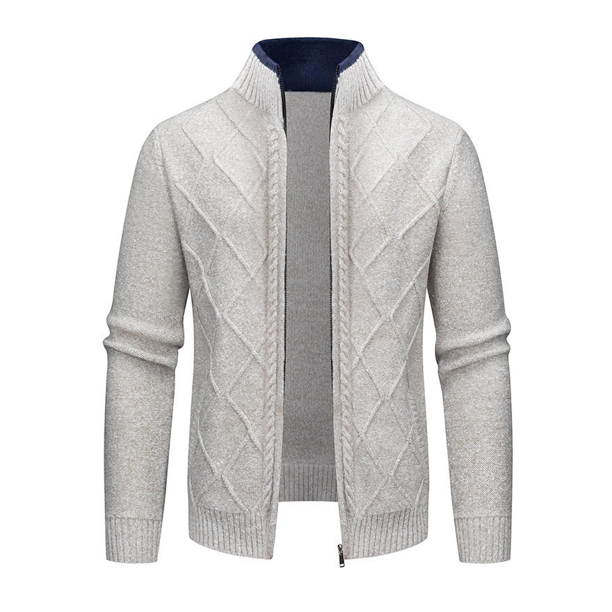 Transfronterizos de color sólido otoño y invierno para hombres con cuello de diamante engrosado jersey jersey cardigan casual jersey