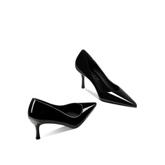 燙社交女鞋2024春季新款黑色漆皮單鞋尖頭高跟鞋淺口職業面試鞋女
