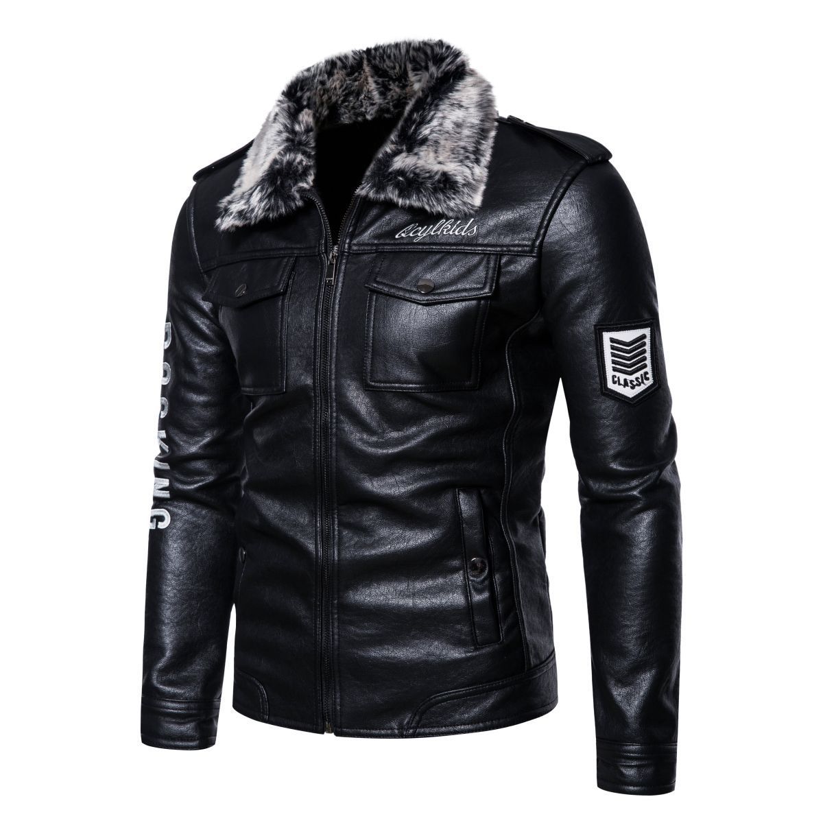 New fur one-piece PU motorcycle lapel men's plus velvet thick leather jacket_voghion.com
