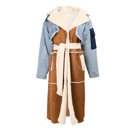 Australian Trendy Brand New Velvet Denim Splicing Jacket Winter Lamb Wool Lining Large Lapel Long Thickeneded Cotton Outwear