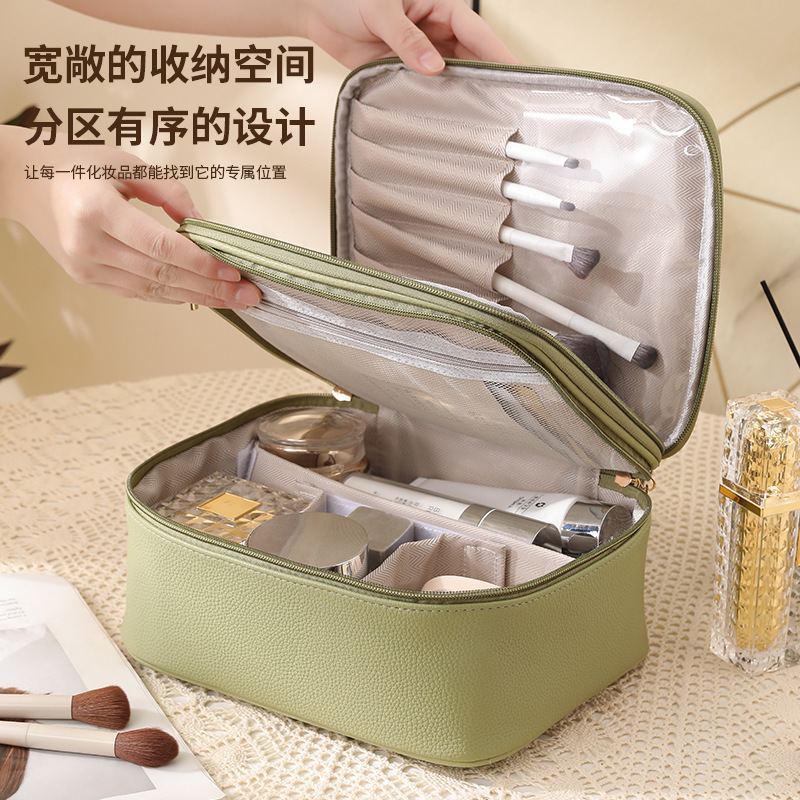 New Portable Waterproof Storage Bag, Multi-Functional Women's Hand-Held Pu Leather Three-Layer Cosmetic Bag, Large Capacity, Fashionable and Simple New Portable Waterproof Storage Bag, Multi-Functional Women's Hand-Held Pu Leather Three-Layer Cosmetic Bag, Large Capacity, Fashionable and Simple