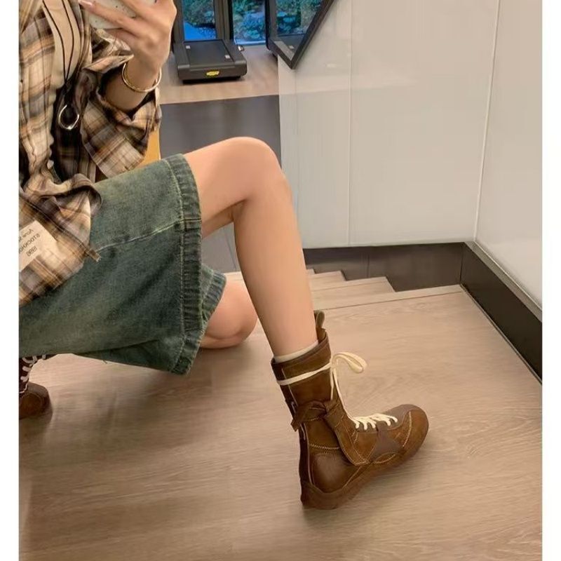 复古软皮拳击靴女2025年秋季新款英伦风马丁靴美拉德厚底中筒短靴|undefined