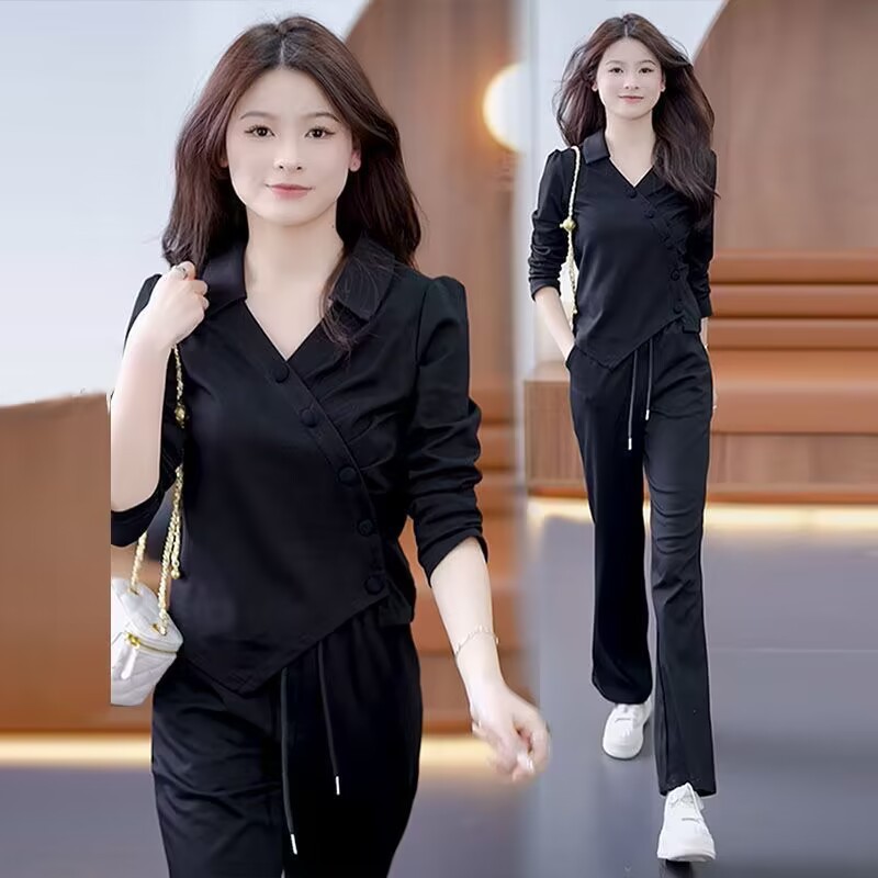 2024 봄과 가을 새로운 불규칙한 스포츠웨어 세트 여성 캐주얼 패션 느슨한 스트레이트 바지 투피스 세트