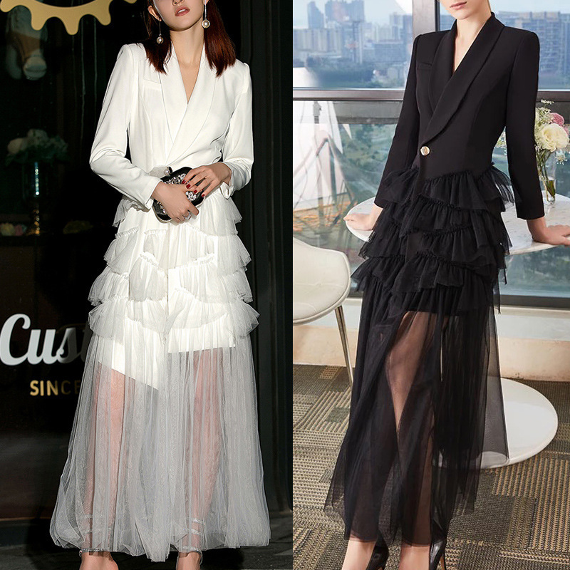 2025 Autumn British Style Evening Dress Women's Mesh Splicing Long Dress Long Sleeve Suit Dress European and American Dress 9018