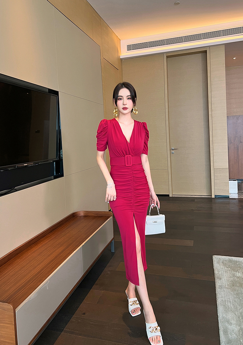 Đầm suông midi tay phồng xếp ly xẻ tà thiết kế thời trang — Màu đen chi tiết 18