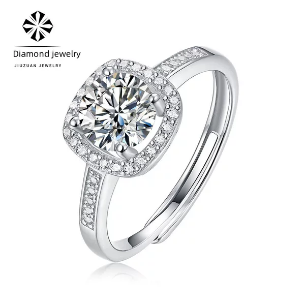 S925 Silver Square Bezel-Set Moissanite Fashion New Gift Adjustable Open Ring Small Sugar Cube Ring