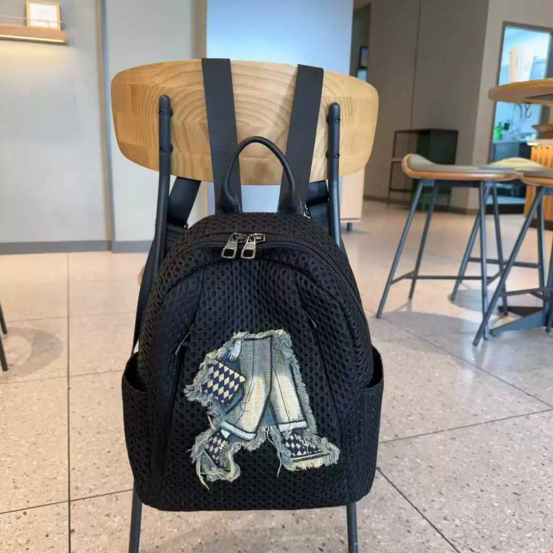 Denim capacious backpack, patch for leisure, one-shoulder bag, bag strap, new collection