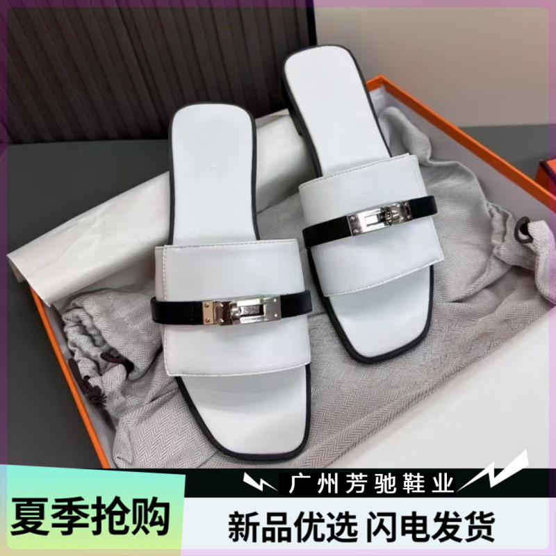 High-Appearance Value H Brand Flat Slippers for Women, Made of Sheepskin, Fully Enclosed with Buckle, Suitable for Outdoor Wear, One-Strap Design, Comfortable, Odor-Resistant
