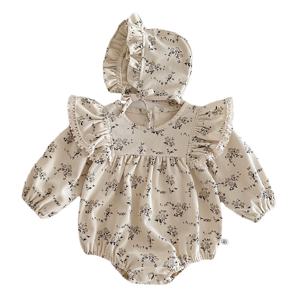 Ins coreano bebé primavera y otoño mameluco de manga larga bebé pana cuello redondo estampado floral lindo traje de escalada con capucha