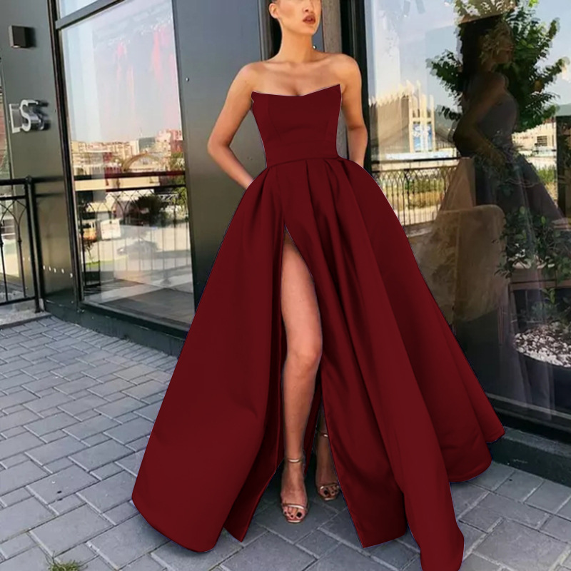 2025 nuevo vestido de comercio exterior europeo y americano, vestido de actuación, top de tubo sexy, vestido de noche de anfitrión de banquete largo dividido