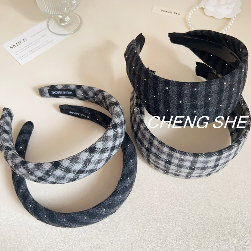 秋冬新款呢子料灰系格纹发箍高级感美拉德时尚复古高颅顶发饰女|undefined