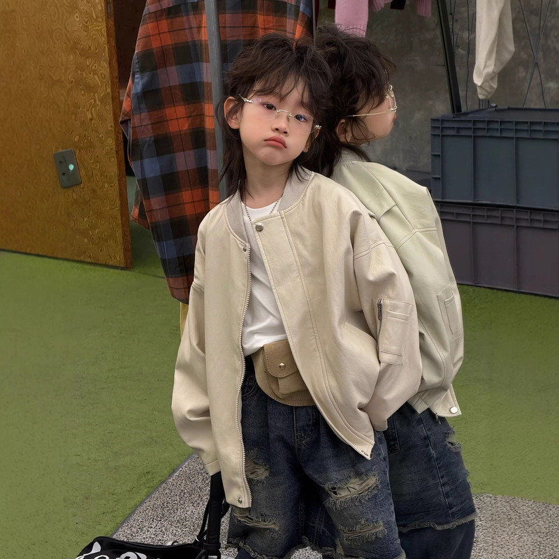 Lanyu 26 Spring New Children's Clothing for Small and Medium-Sized Boys, Cream-Colored Workwear Jacket, Protein Leather Pu Leather Coat Lanyu 26 Spring New Children's Clothing for Small and Medium-Sized Boys, Cream-Colored Workwear Jacket, Protein Leather Pu Leather Coat