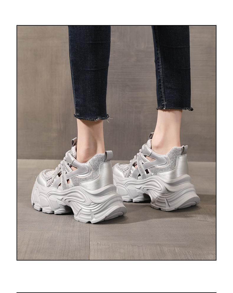 Giày sneaker nữ đế dày tăng chiều cao, mặt lưới đính đá lấp lánh — màu trắng chi tiết 16