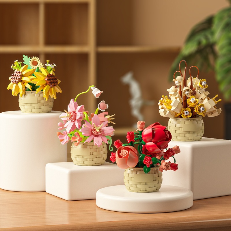 Bloques de construcción inmortales transfronterizos cestas de flores en maceta ornamentos DIY hechos a mano el 1 de junio juguetes de ensamblaje para chicas regalos