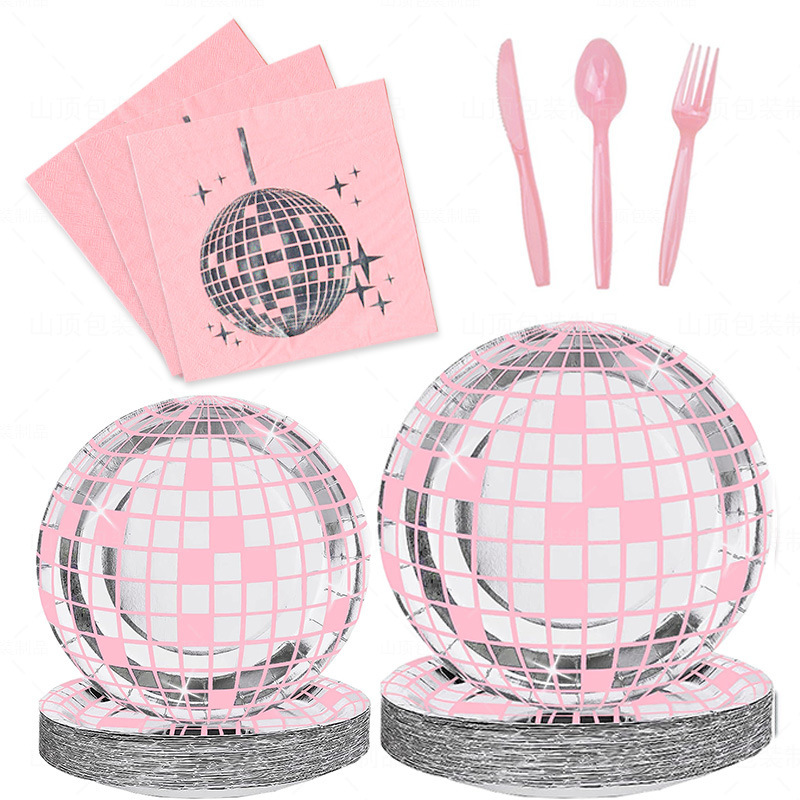 disco Party tableware suit dinner plate paper cup pink disco party party arrangement atmosphere decoration
