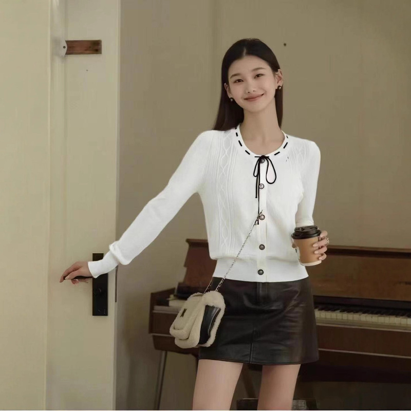 早秋新款韩版小香风圆领蝴蝶结绑带纹理针织长袖开衫上衣女|undefined