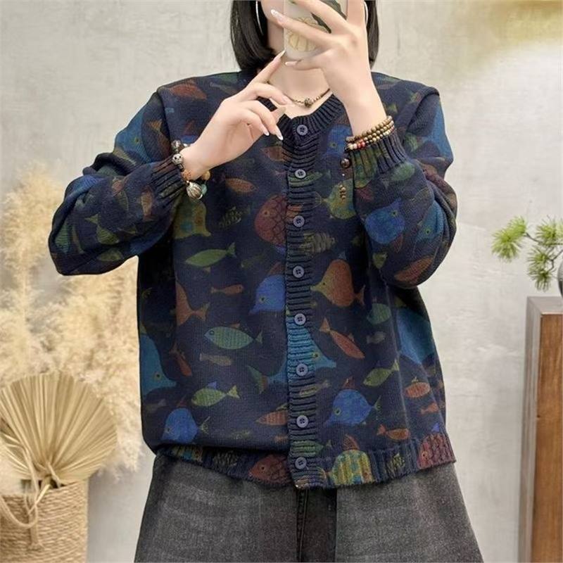 Drop-shipping hot-selling vintage print round-neck sweater knitted cardigan, 2026 early autumn new fashion casual versatile item Drop-shipping hot-selling vintage print round-neck sweater knitted cardigan, 2026 early autumn new fashion casual versatile item