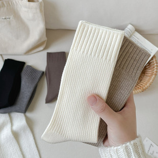 Cashmere Socks Women's Solid Color Mid-length Socks Women's Korean Style Drawstrip Stacking Socks Autumn and Winter Wool Socks Thickened Women's Socks