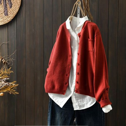 Knitted Cardigan Jacket for Women - Spring and Autumn New Retro Literary Loose Casual Versatile Long Sleeve Sweater Jacket for Women