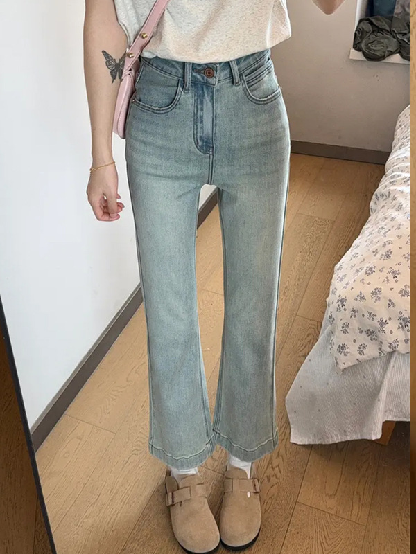 浅色微喇牛仔裤女2025秋新款高腰修身显瘦小个子弹力九分喇叭裤|undefined