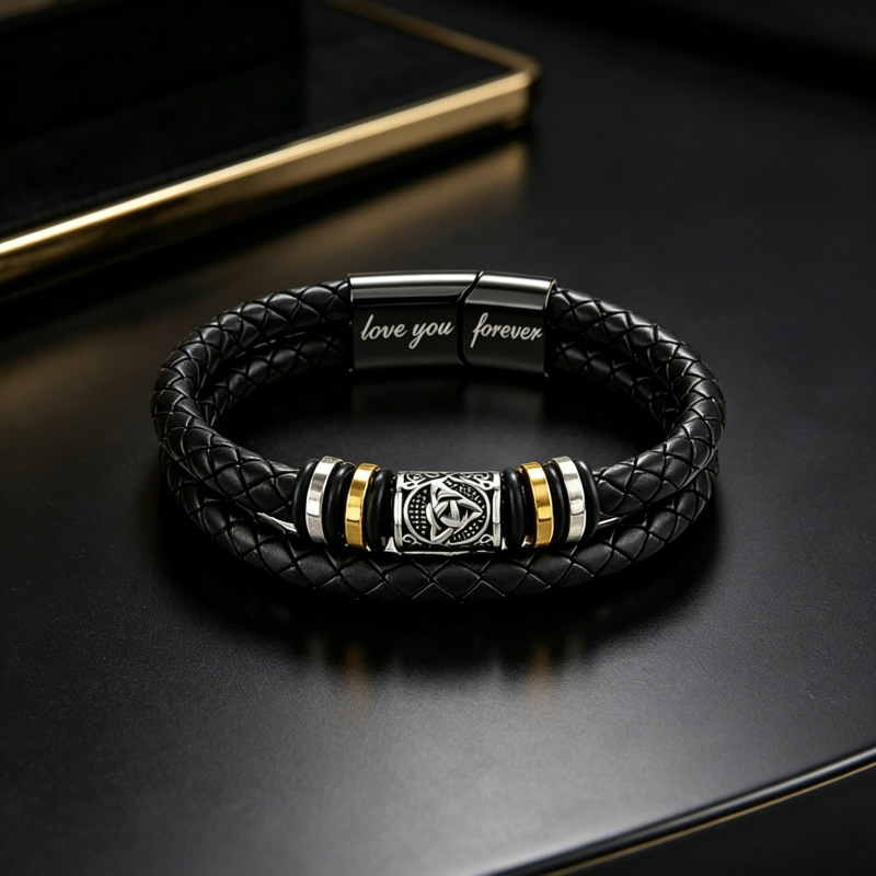 Amazon's Best-Selling Retro Celtic Triangle Braided Leather Bracelet Titanium Steel Magnetic Leather Bracelet DIY Gift Wholesale Amazon's Best-Selling Retro Celtic Triangle Braided Leather Bracelet Titanium Steel Magnetic Leather Bracelet DIY Gift Wholesale