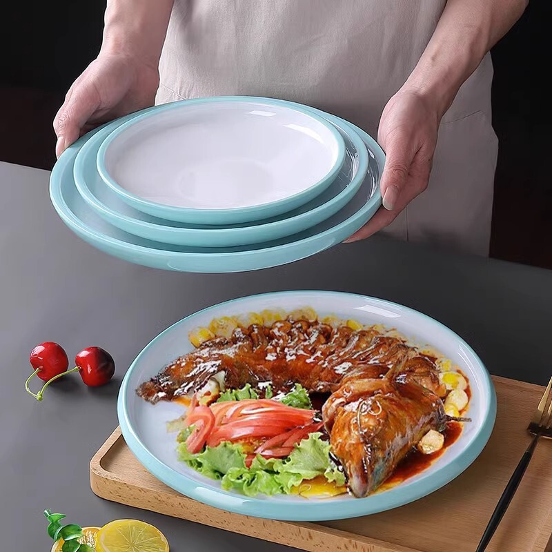 Two-color thickened imitation porcelain disc shallow plate crayfish dish sashimi plate restaurant restaurant commercial melamine resin Two-color thickened imitation porcelain disc shallow plate crayfish dish sashimi plate restaurant restaurant commercial melamine resin