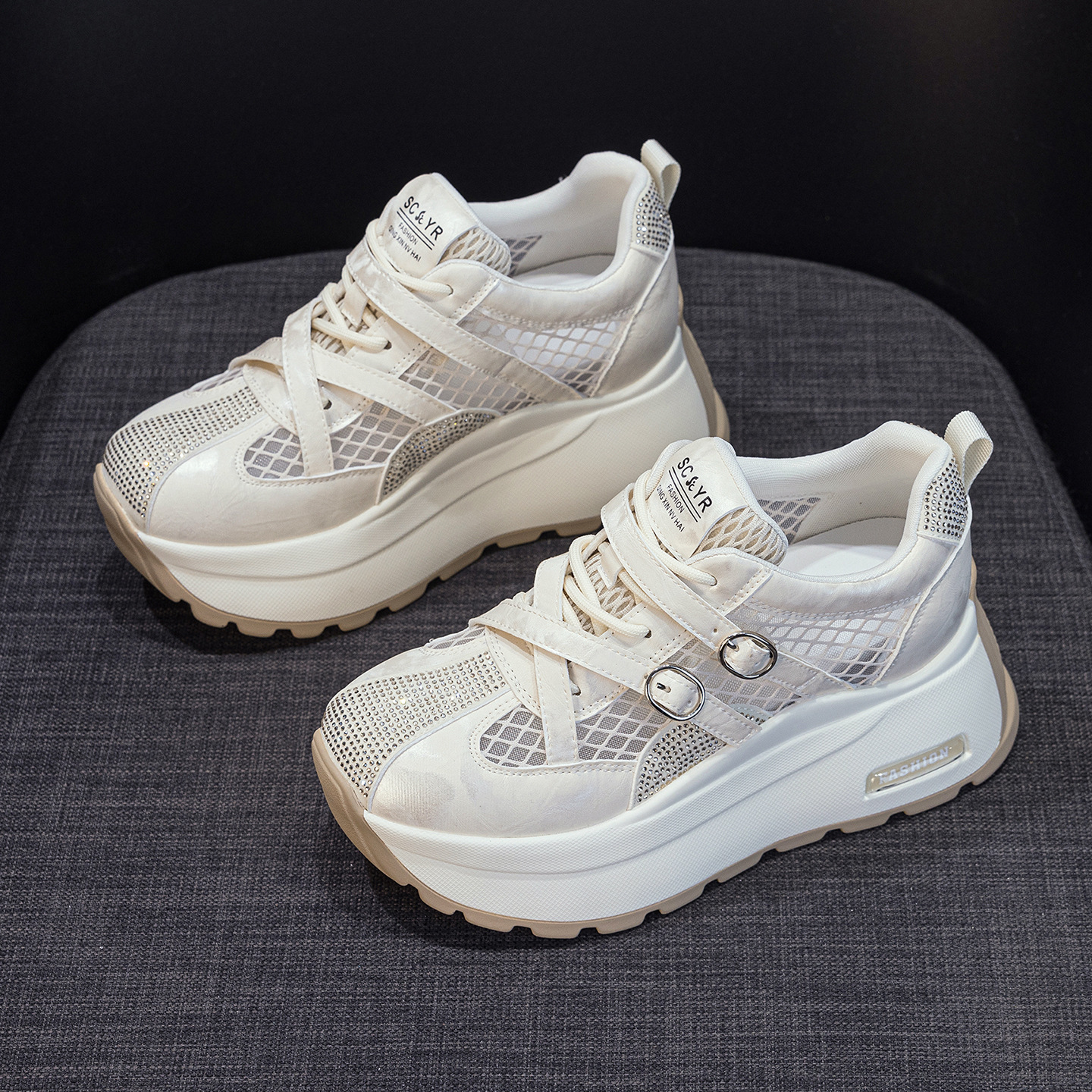 Giày sneaker nữ đế dày phong cách Hàn Quốc, gót 8 cm, form cổ điển — Vàng 5072, Be 5072