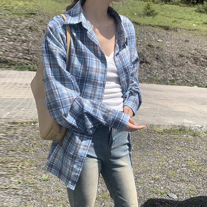 2025新款森系潮流蓝色格纹衬衫外套女宽松休闲遮肉中长款衬衣外穿|undefined