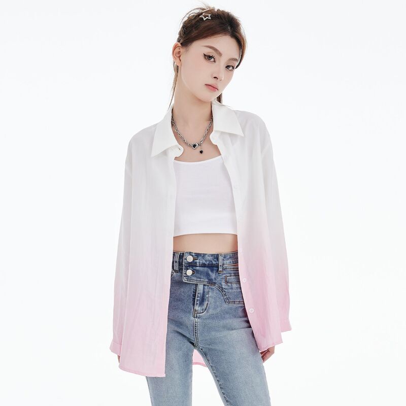 Gradient color long-sleeve shirt for women, 2026 spring/summer, loose mid-length thin cotton sun-protective shirt, stylish top