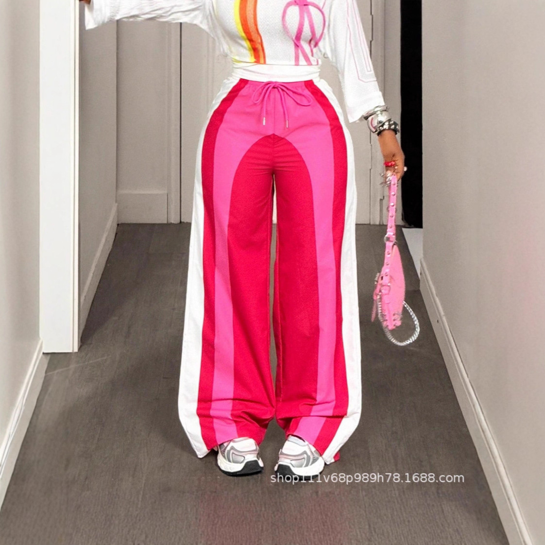 European and American Cross-Border Women's Casual Loose Drawstring Waist Contrast Color Women's Pants, Suitable for Outdoor Casual Wear