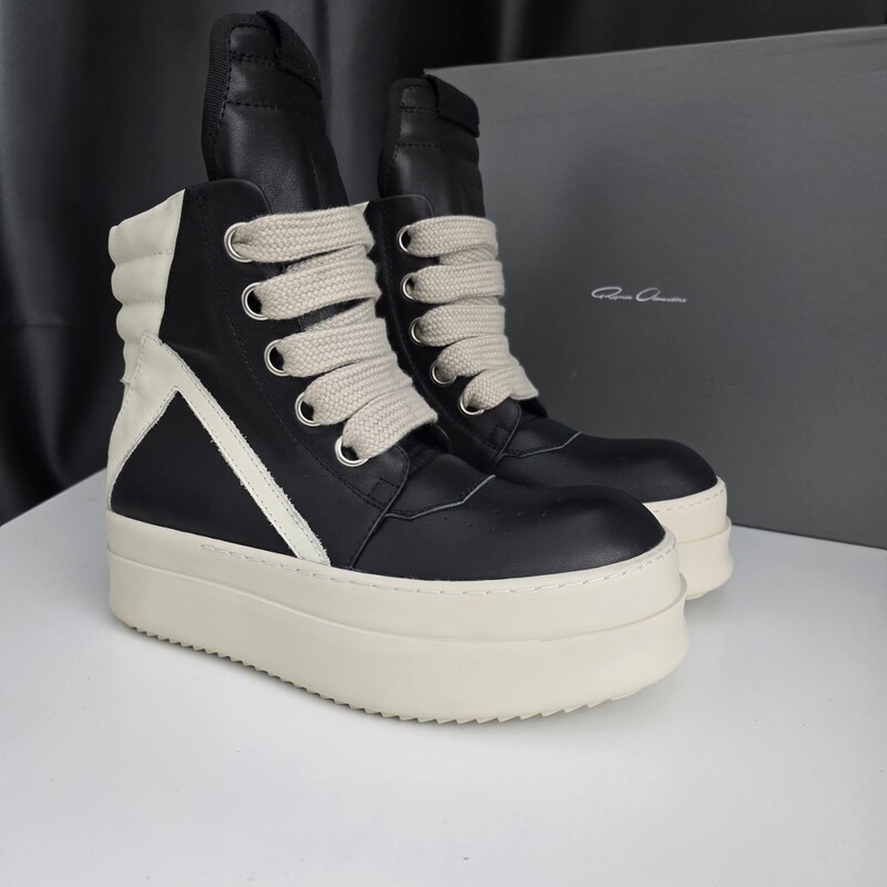 Black and White Color-Blocked Genuine Leather Thick-Soled Sneakers with Inverted Triangle Thick Shoelaces, Ro Men's High-Top Shoes, Rick Owens Black and White Color-Blocked Genuine Leather Thick-Soled Sneakers with Inverted Triangle Thick Shoelaces, Ro Men's High-Top Shoes, Rick Owens