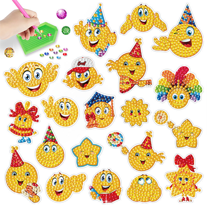 Venta caliente de dibujos animados cara amarilla emoji diamante pintura libre pegatinas DIY Pegatinas de pared niños hechos a mano pegatinas decorativas diamante redondo